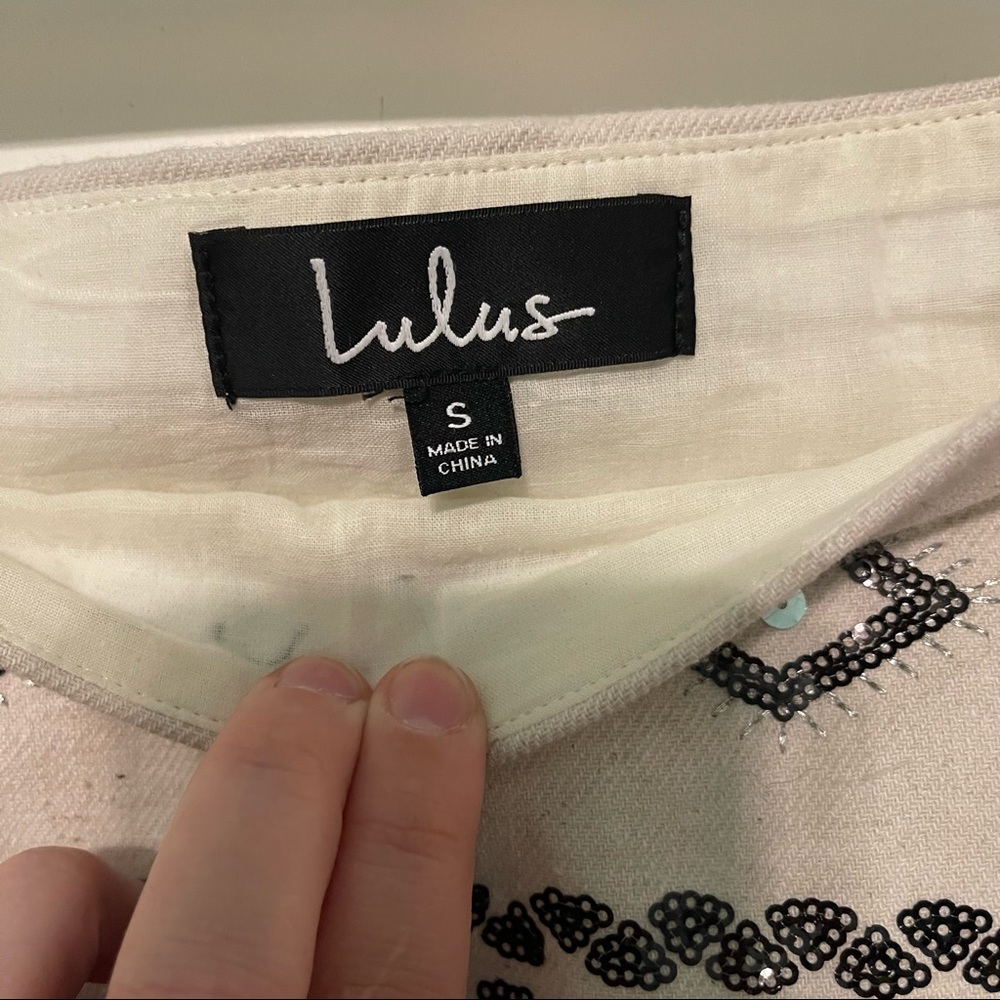 Lulus size small cream with black embroidery sequin tribal print skirt fringe! - Picture 2 of 8